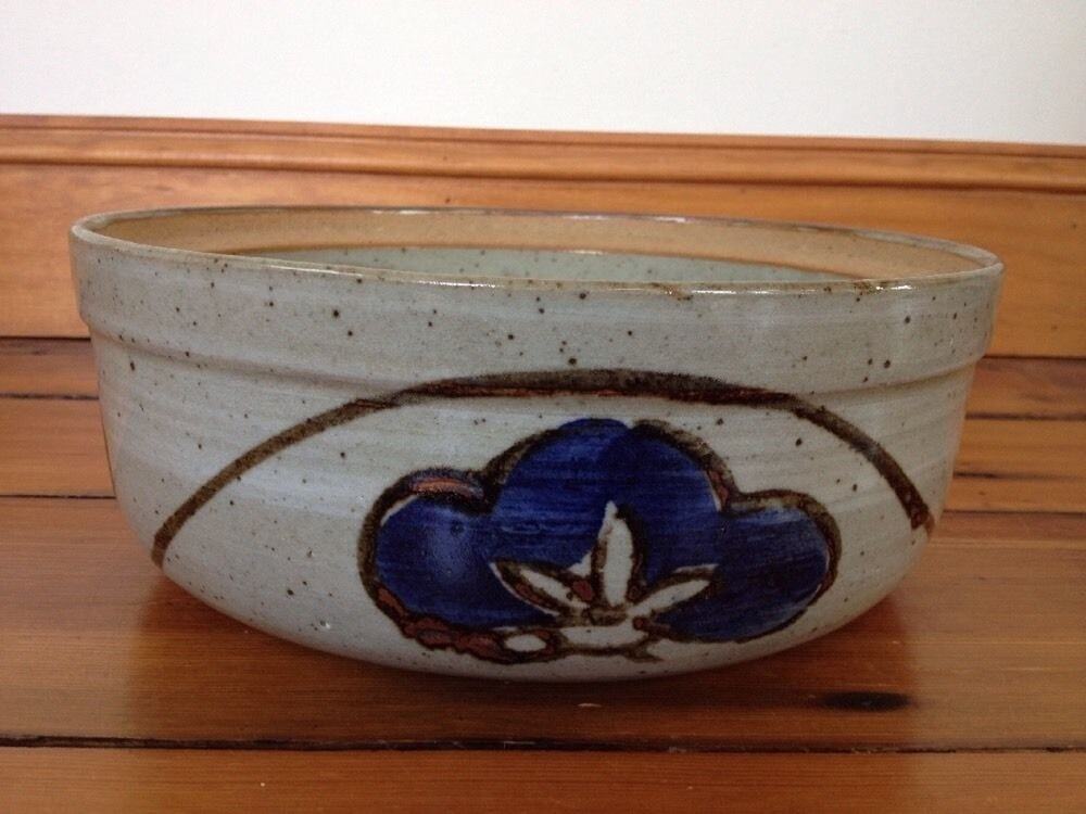 Vtg Handmade Japanese Stoneware Gray Floral Serving Bowl Dish Pottery 9.25" Wide